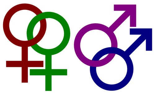 Gender symbols interconnected with a shared circle and a color gradient transition, representing equality and LGBTQ relationships.