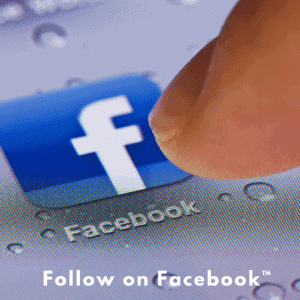 Close-up of a finger pressing the Facebook "follow" button on a digital screen.